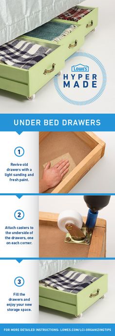 the instructions for how to make a diy under bed drawer with wood and fabric