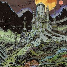 a drawing of a castle on top of a mountain under a full moon filled sky