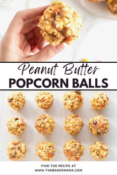 peanut butter popcorn balls with text overlay