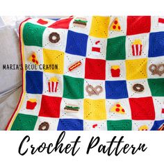 a crocheted blanket with different colored squares on it and the words, crochet pattern