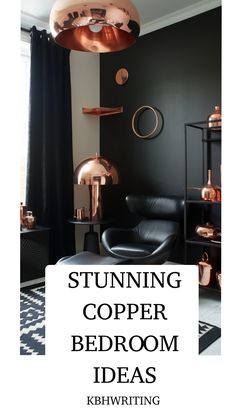 Copper-accented bedroom with black walls and modern decor. Copper Accents, Cozy Bed, Chic Decor, Bedroom Inspirations, Bedroom Design, Color Palette, Copper