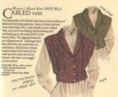 an advertisement for women's hand knit 100 % wool cabled vest