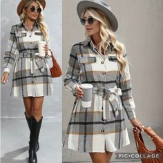 Brand New Woolen Gray Black Tan Stripes Flannel Shirt Dress Plaid Button Down Belted White Long Sleeves Brand New Without Tags In Bag Excellent Condition- No Visible Flaws Ships In 5-10 Days Can Be Worn As A Dress Or Shacket (Just Remove Belt) Soft, Cozy, And Warm Medium Thickness- Great For Fall Chest Pockets Collar Longline Machine Washable Adjustable Belt Polyester Leave A Comment Below If Any Questions! Other Listings: Boho, Bohemian, Anthropologie, Free People, Johnny Was, Antique, Ancient, Fall Collared Shirt Dress With Button Closure, Collared Shirt Dress With Button Closure For Fall, Fall Collared Shirt Dress With Pockets, Collared Shirt Dress With Pockets For Fall, Fall Collared Shirt Dress With Buttons, Button-up Shirt Dress With Pockets For Fall, Collared Shirt Dress With Buttons For Fall, Fall Long Sleeve Shirt Dress With Button Closure, Collared Shirt Dress For Fall