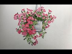 a painting of pink flowers hanging from a wire with green leaves on the top and bottom