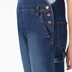 Women's Denim Boyfriend Fit Bib Overalls - Dickies US, Retro Stonewashed L Medium Wash Bib Front Utility Bottoms, Utility Bib Front Bottoms In Medium Wash, Straight Leg Overalls With Button Closure For Workwear, Utility Bib Front Bottoms In Dark Wash, Dickies Women, A Boyfriend, Bib Overalls, Icon Collection, Shop Icon