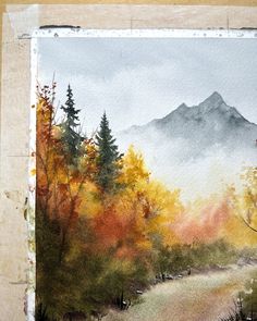 a watercolor painting of mountains and trees