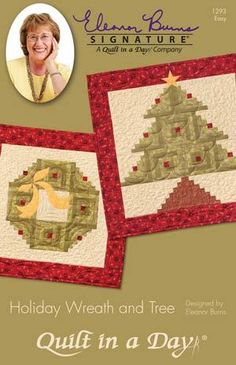 two quilted christmas trees are shown in front of a green background with the words holiday wreath and tree quilt in a day