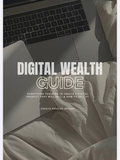 a laptop computer sitting on top of a bed covered in white sheets and blankets with the words digital health guide written below it