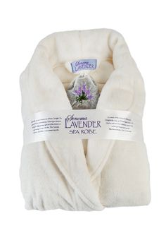 A plush white spa robe folded neatly with a label reading Sonoma Lavender Ultra-luxe Plush Robe - Ivory and a small sachet of lavender tucked into the fold. Spa Bag, Lavender Spa, Luxury Robes, Plush Robe, Luxurious Spa, Lovely Gift, Shawl, Lavender, Spa