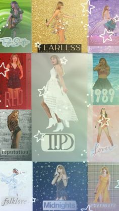 many different images of the same woman in various colors and sizes, with stars on them