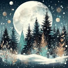 a snowy night with trees and snowflakes in the sky, full of stars