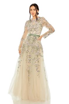 Beige gown featuring floral hand embellishment with bead work. - Aza Fashions Walima Dress Party Wear, Robe Fuchsia, Champagne Formal Dresses, Modest Formal Dresses, Light Blue Prom Dress, Navy Blue Bridesmaid Dresses, Vestidos Color Rosa, Maternity Dresses For Photoshoot, Formal Dresses With Sleeves