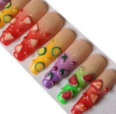 Fruit Sticker Nails, Nail Polish Ideas Easy, Charms Nails, Charm Nail, Nail Glam, Kitty Nails, Fake Nails Designs