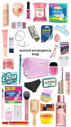 #fyp #emergencybag #emergencykit #school School Shuffles, Middle School Essentials, School Backpack Essentials, Preppy School Supplies, School Survival Kits, Everyday Bag Essentials, School Bag Essentials, High School Survival