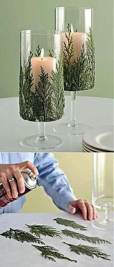 three different shots showing how to make christmas decorations with candles and evergreen branches in glass vases