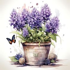 a painting of purple flowers in a pot with butterflies flying around the plant and rocks on the ground