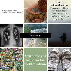 there is a collage with words and pictures in the bottom right hand corner, along with an image of someone's feet