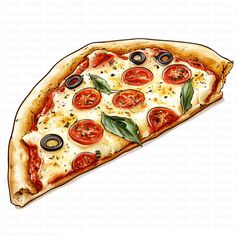 a piece of pizza with tomatoes and olives on it