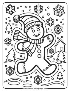 Gingerbread man coloring page featuring a smiling character in a winter scene with snowflakes, pine trees, and a small house. Perfect for holiday-themed art activities for kids.