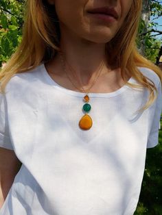 Super Long Chain Necklace and Bold Colorful Glass Pendant | Etsy Glass Pendant Necklace With Cabochon, Bohemian Gold Resin Necklace, Elegant Orange Resin Jewelry, Long Chain Necklace, Summer Accessories, Long Chain, Glass Pendant, Jewelry Bags, Gold Plated Sterling Silver