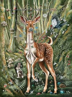 a deer standing in the middle of a forest filled with trees and plants, surrounded by other animals