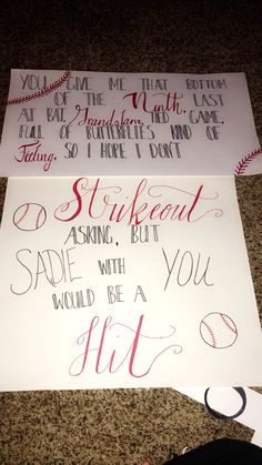 two baseball themed handwritten signs on the ground with one saying it's difficult to say anything