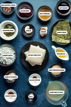 an overhead view of different types of food in bowls on a blue surface with labels describing the ingredients