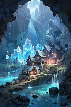 an image of a fantasy scene with houses and waterfall in the background, surrounded by icebergs