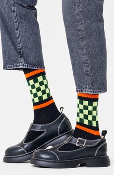 Checks and stripes bring bold angles to the soft, breathable comfort of crew socks knit with built-in arch support and seamless, chafe-free construction. Chafe-free seamless construction for comfort Cotton/nylon/elastane Machine wash, line dry Made in Turkey Sporty Black Socks For Spring, Sock Design, Summer Sock, Happy Socks, Fabric Gift Bags, Men Shoes Size, Free Fabric, Fabric Gifts, Mens Socks