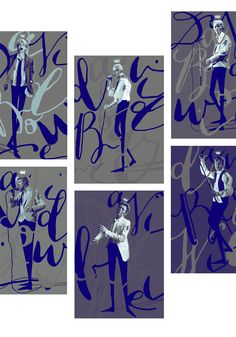 four different images of a man with an electric guitar and some writing on the wall