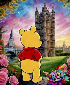 winnie the pooh standing in front of a castle with pink roses and flowers around it