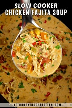 slow cooker chicken fajita soup in a skillet with a ladle