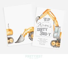 two construction themed birthday party cards with the words, can you dig it? and an excavator