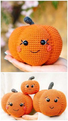 an orange stuffed pumpkin with three faces on it