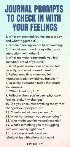 Explore these insightful journal prompts designed to help you check in with your feelings. Taking time to reflect on your emotions can increase self-awareness and promote emotional well-being. Start your journaling journey today! Emotional Check In Questions, Journal Prompts When Feeling Stuck, Weekly Check In Journal Prompts, Daily Check In Journal Prompts, Journal Prompts For Releasing Emotions, Psychology Terms, Relationship Quizzes, Work Etiquette, Words To Describe Yourself