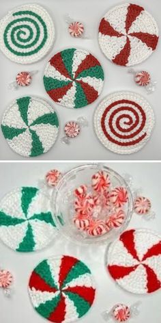 crocheted christmas coasters with candy canes and candies in the middle