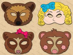 four masks with different faces on them, one has a bow and the other has a bear