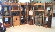 an assortment of wooden furniture on display in a room