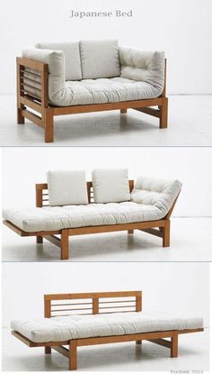 three different views of the same couch and bed, one is made out of wood