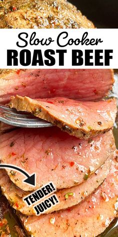 the roast beef has been sliced and is ready to be eaten with a fork in it