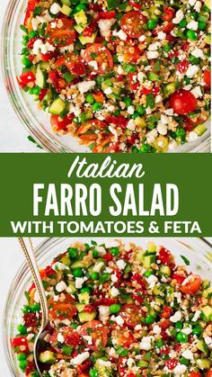 two bowls filled with faro salad and topped with tomatoes, cucumbers, feta