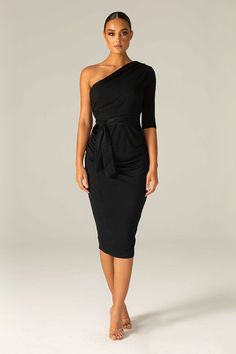 Dolly Elegant Bodycon Dress-Black Black Midi Dress With Draped Sleeves For Party, Black Party Midi Dress With Draped Sleeves, Fitted Knee-length Midi Dress With Draped Sleeves, Black Midi Dress With Draped Sleeves For Night Out, One Shoulder Elastane Midi Dress For Party, One-shoulder Elastane Midi Dress For Party, Stretch Mid-length Evening Dress, Evening Stretch Mid-length Dress, Elegant Stretch One-shoulder Dress For Date Night