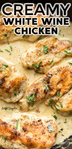 creamy white wine chicken in a skillet