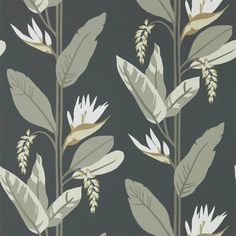 a wallpaper with white flowers and green leaves on a black background in shades of grey