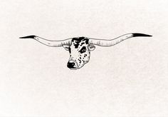 a black and white drawing of a cow's head with long horns on it