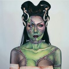 Woman Frankenstein, Green Eye Contacts, Frankenstein Halloween Makeup, Bride Of Frankenstein Makeup, Frankenstein Makeup, Green Contact Lenses, Colour Lens, Bride Of Frankenstein Halloween, 2024 Makeup