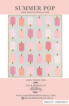 an image of a pink and grey quilt with popsicles on it, the text reads summer