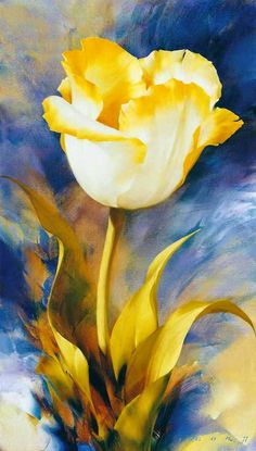 a painting of a yellow flower on a blue and white background with clouds in the sky