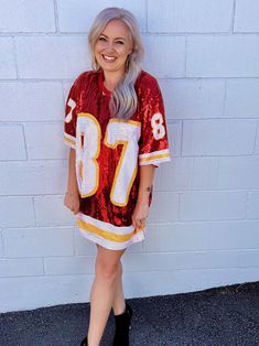 Red with White/Yellow "87"  KC Football All Sequin (front and back) Jersey  One size fits most (approximately Small to XL, depending on body shape) Approximately 32"L x 23.5" W Hand wash only. Due to the amount of sequins on this jersey, it is normal for some sequins to come off with normal wear. ALL SALES ARE FINAL.  WE ARE NOT RESPONSIBLE FOR LOST OR STOLEN PACKAGES, ONCE YOUR ORDER HAS SHIPPED. Kc Chiefs Outfit Ideas Women, Chiefs Outfit, Sequin Dress Outfit, Kc Football, Kansas City Football, Time Clothes, Football Outfits, Kansas City Mo, Game Time