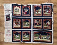 a quilt with pictures of people and animals on it